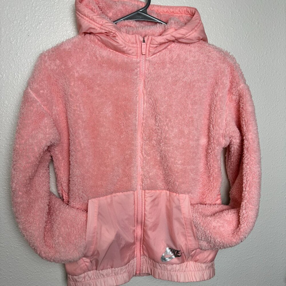 NIKE  Pink Sherpa Hooded Full Zipper Jacket Girls Size L